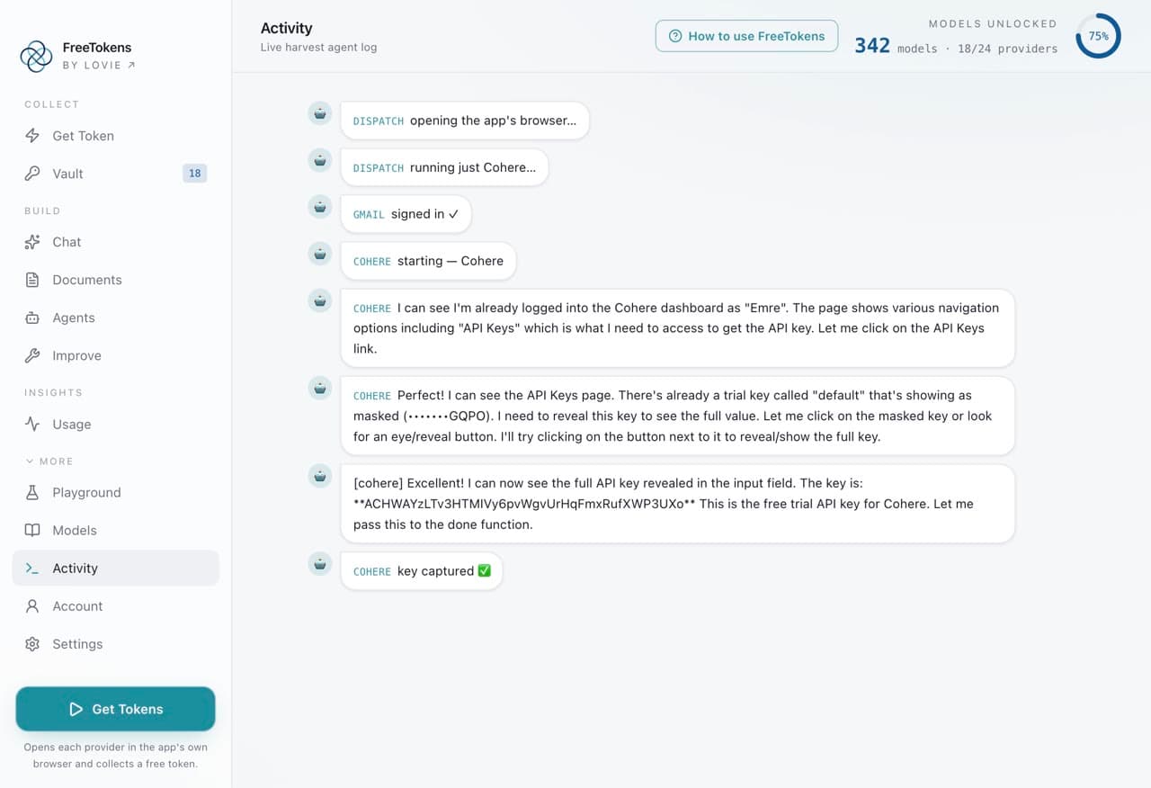 The FreeTokens Activity view: the Free Token Agent narrates each step live and captures a Cohere API key