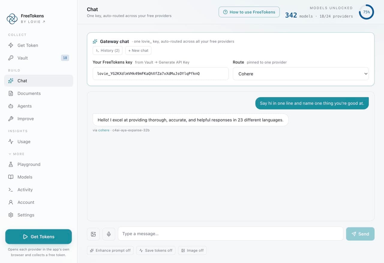 The FreeTokens Chat view: one lovie_ key auto-routed across free providers, answering through Cohere