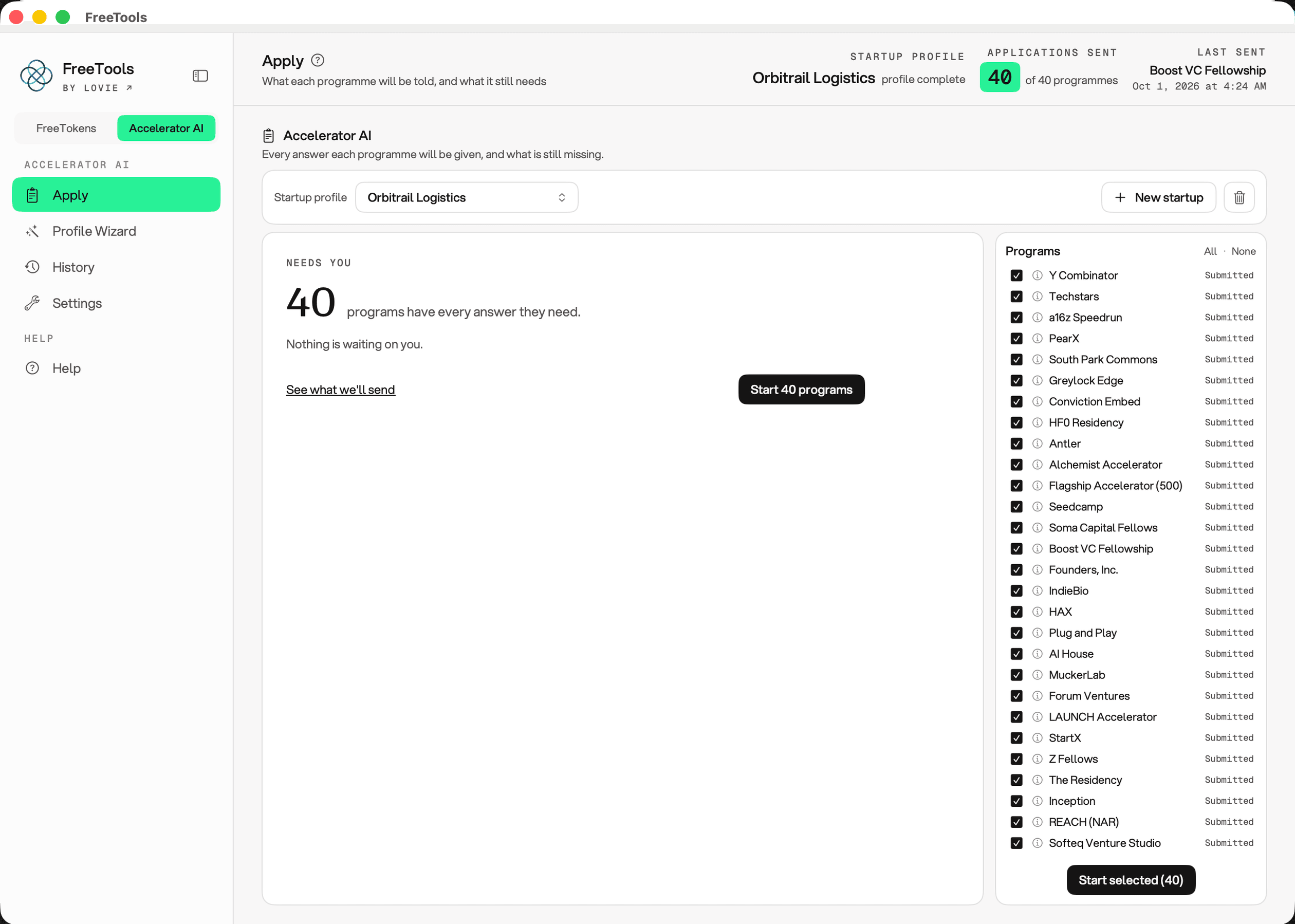The app's Apply screen: one startup profile, 40+ accelerator programmes, every application already sent.